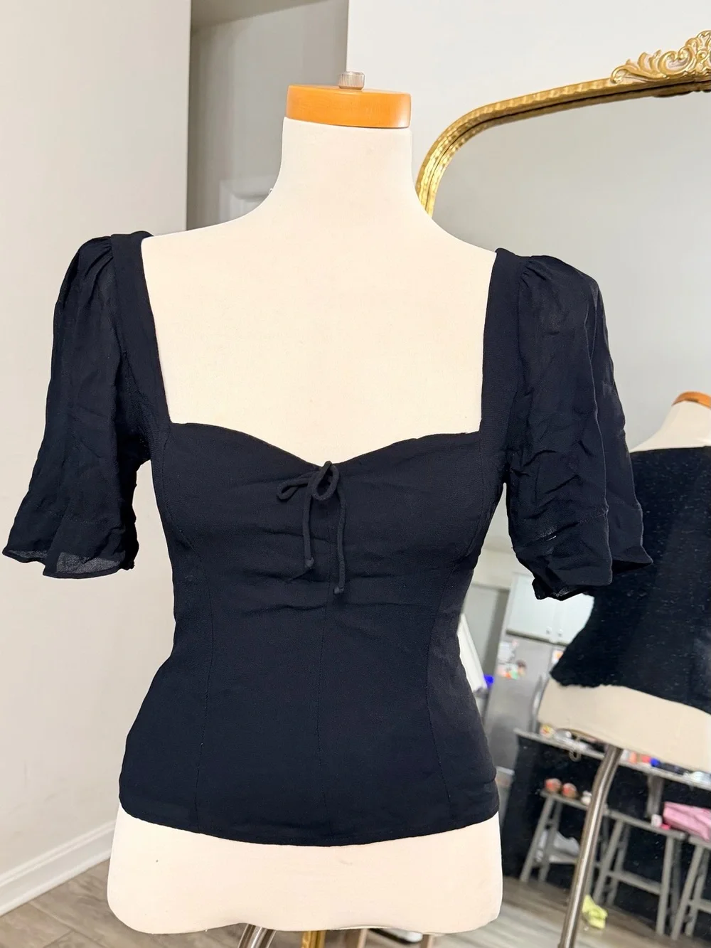 Reformation Black Square Neck Puff Sleeve Blouse